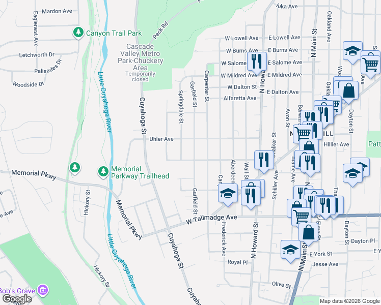 map of restaurants, bars, coffee shops, grocery stores, and more near 758 Garfield Street in Akron