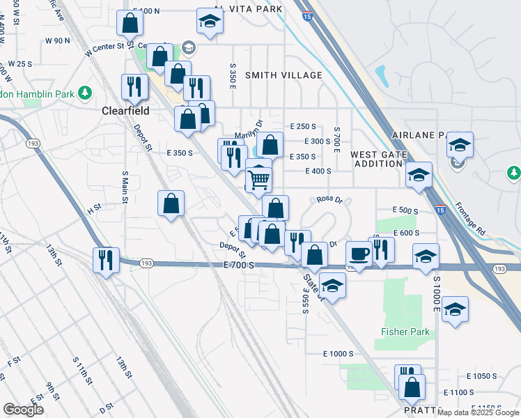 map of restaurants, bars, coffee shops, grocery stores, and more near 550 State Street in Clearfield