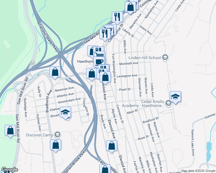 map of restaurants, bars, coffee shops, grocery stores, and more near 24 East Cross Street in Hawthorne