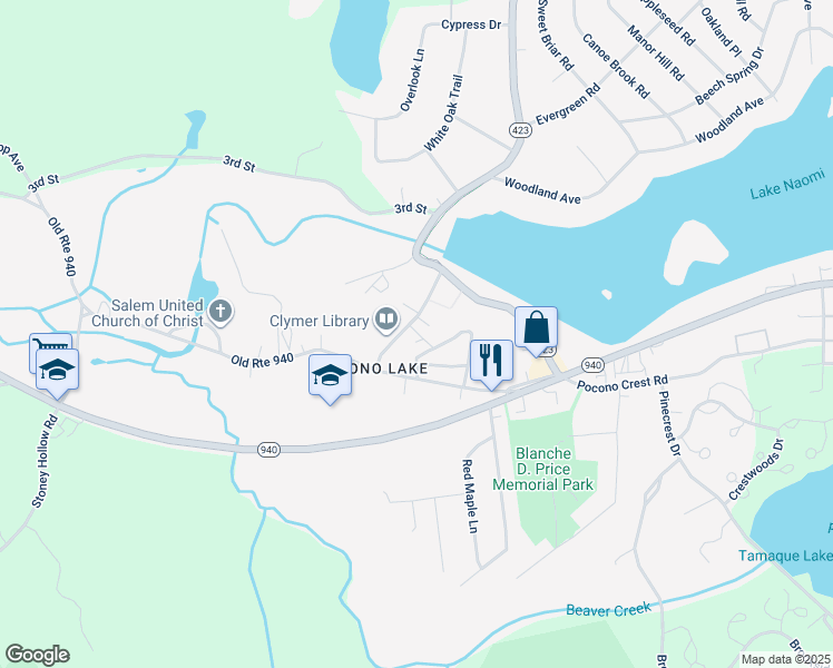 map of restaurants, bars, coffee shops, grocery stores, and more near 124 Firehouse Road in Pocono Pines