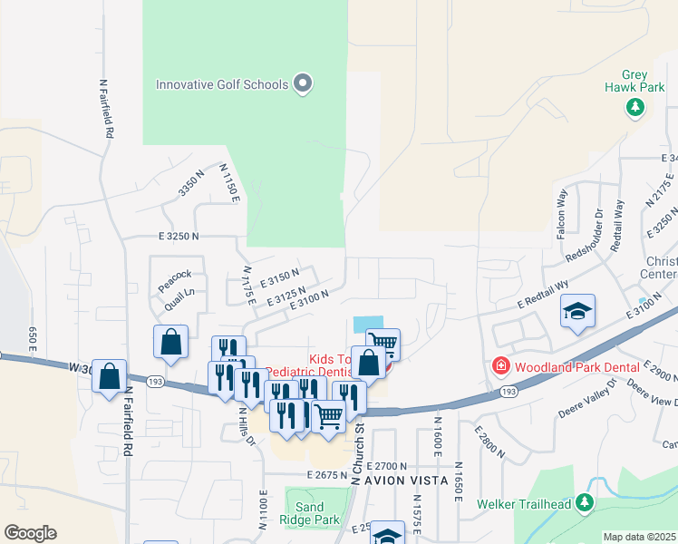map of restaurants, bars, coffee shops, grocery stores, and more near 1371 East 3125 North in Layton