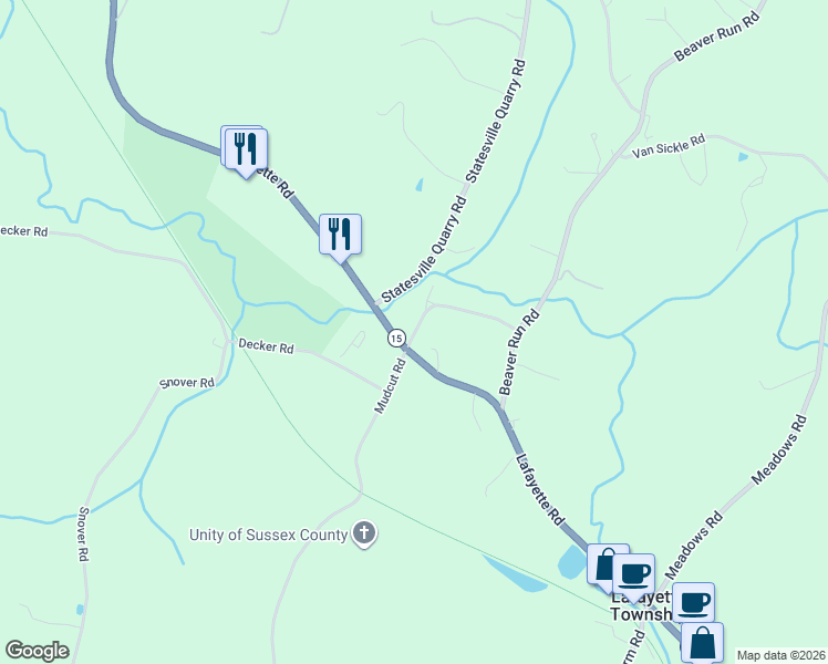 map of restaurants, bars, coffee shops, grocery stores, and more near 168 New Jersey 15 in Lafayette