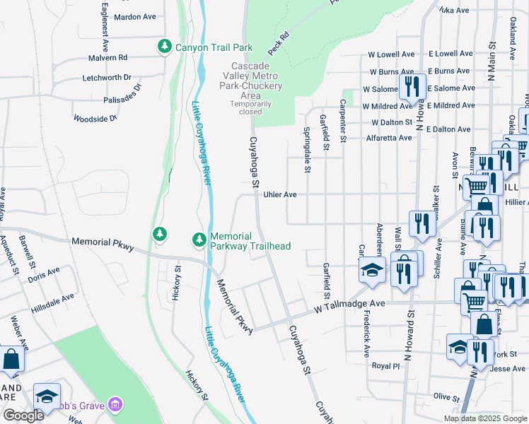 map of restaurants, bars, coffee shops, grocery stores, and more near 585 Cuyahoga Street in Akron
