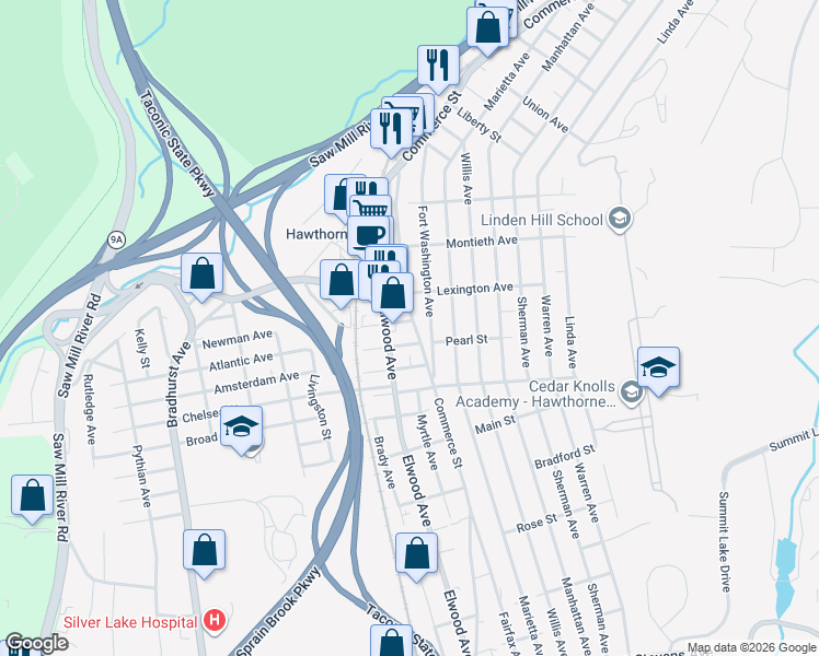 map of restaurants, bars, coffee shops, grocery stores, and more near 30 East Cross Street in Hawthorne