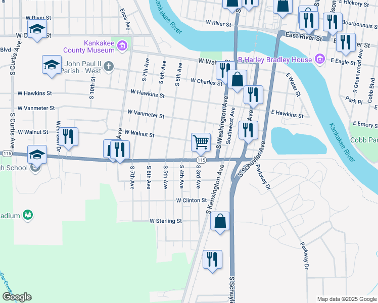 map of restaurants, bars, coffee shops, grocery stores, and more near 1256 South 4th Avenue in Kankakee
