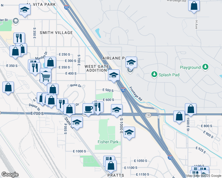 map of restaurants, bars, coffee shops, grocery stores, and more near 941 East 500 South in Clearfield