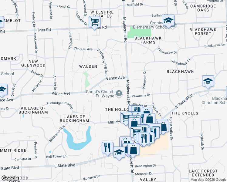 map of restaurants, bars, coffee shops, grocery stores, and more near 6110 North Hampton Place in Fort Wayne