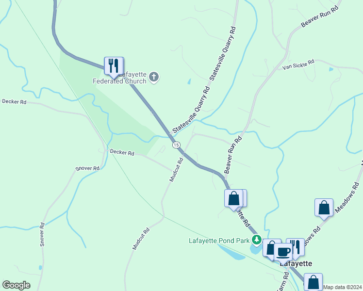 map of restaurants, bars, coffee shops, grocery stores, and more near 168 New Jersey 15 in Lafayette