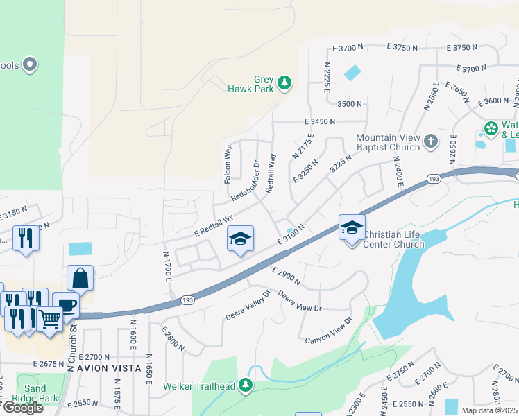 map of restaurants, bars, coffee shops, grocery stores, and more near 3159 East Broadwing Drive in Layton