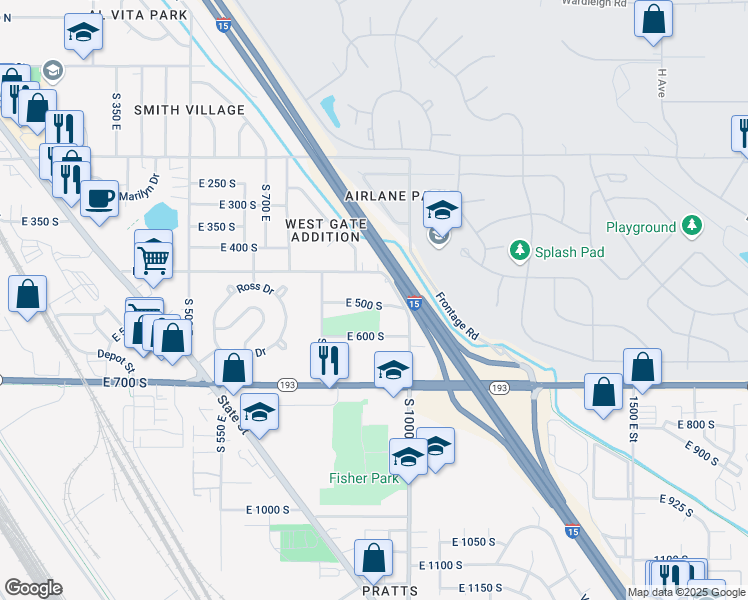 map of restaurants, bars, coffee shops, grocery stores, and more near 941 East 500 South in Clearfield