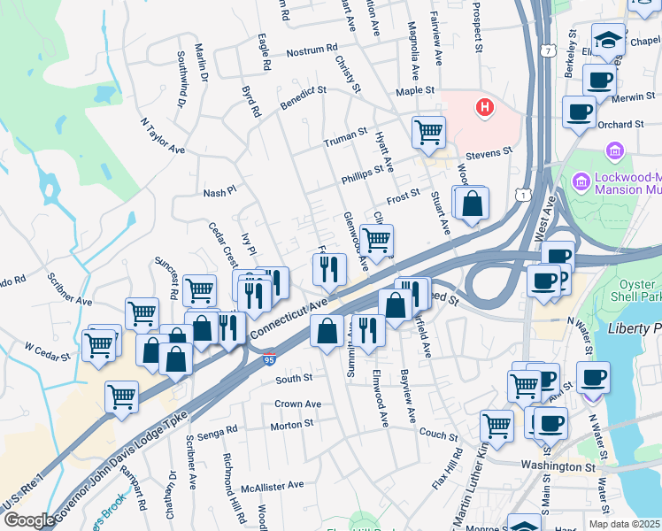 map of restaurants, bars, coffee shops, grocery stores, and more near 7 Ferris Avenue in Norwalk