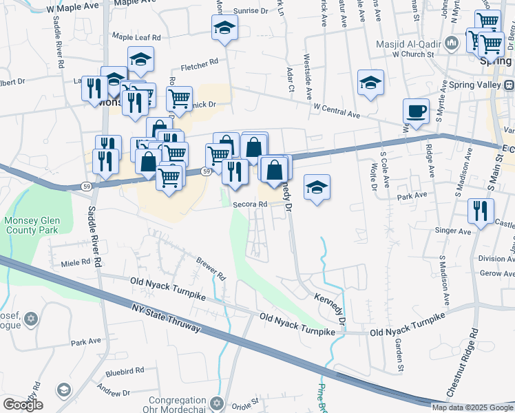 map of restaurants, bars, coffee shops, grocery stores, and more near 1 Secora Road in Ramapo