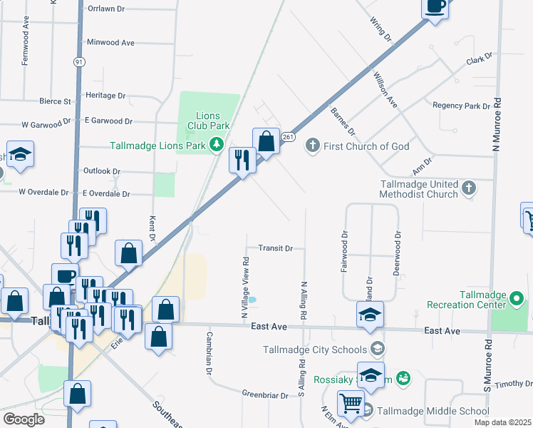map of restaurants, bars, coffee shops, grocery stores, and more near 306 Northeast Avenue in Tallmadge