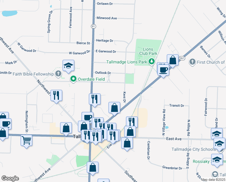 map of restaurants, bars, coffee shops, grocery stores, and more near 120 North Avenue in Tallmadge