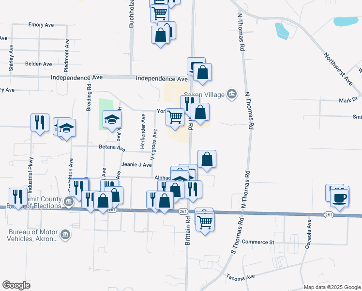 map of restaurants, bars, coffee shops, grocery stores, and more near 1578 Brittain Road in Akron