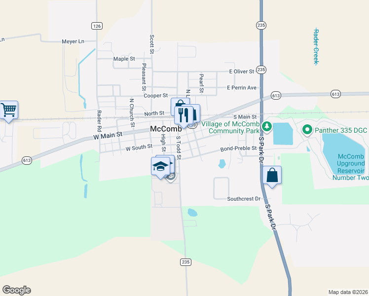 map of restaurants, bars, coffee shops, grocery stores, and more near 107 East South Street in McComb