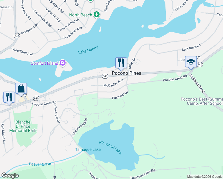 map of restaurants, bars, coffee shops, grocery stores, and more near 5241 Pocono Crest Road in Pocono Pines