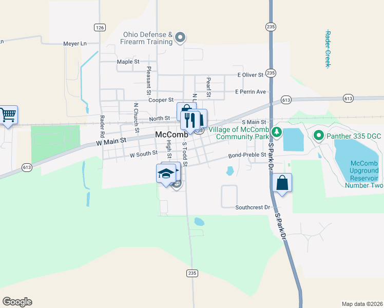 map of restaurants, bars, coffee shops, grocery stores, and more near 109 East South Street in McComb