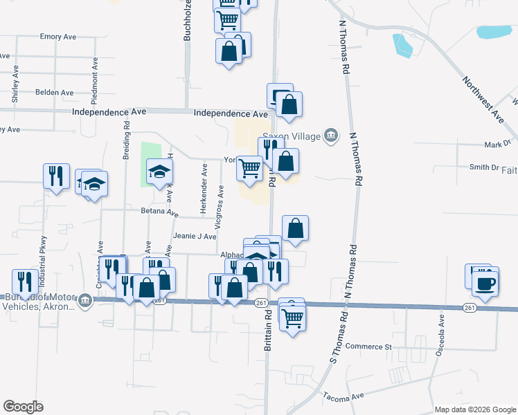 map of restaurants, bars, coffee shops, grocery stores, and more near 1600 Brittain Road in Akron