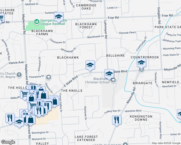 map of restaurants, bars, coffee shops, grocery stores, and more near 7200 East State Boulevard in Fort Wayne