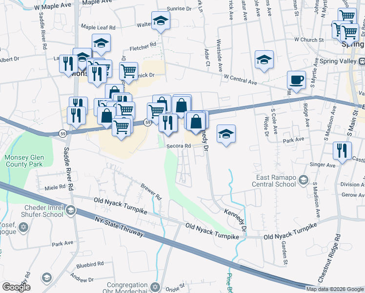 map of restaurants, bars, coffee shops, grocery stores, and more near 1 Secora Road in Ramapo