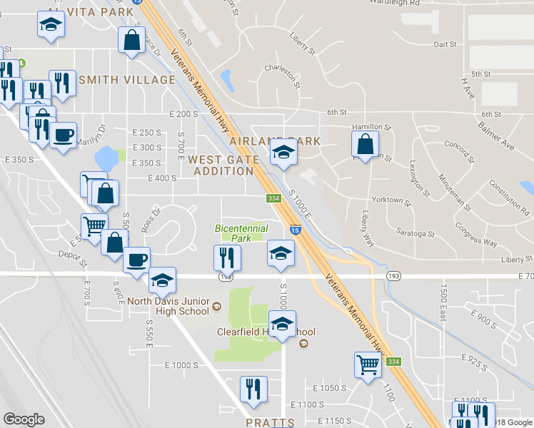 map of restaurants, bars, coffee shops, grocery stores, and more near 941 East 500 South in Clearfield
