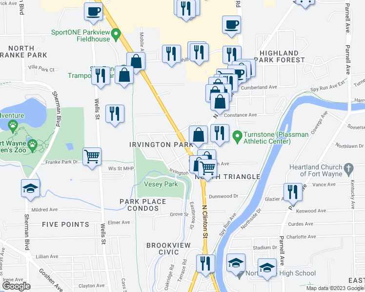 map of restaurants, bars, coffee shops, grocery stores, and more near 3317 Lima Road in Fort Wayne