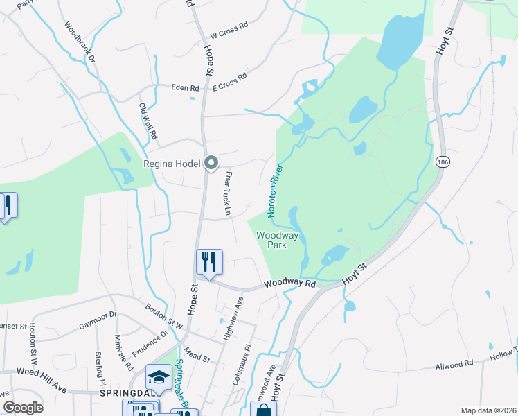 map of restaurants, bars, coffee shops, grocery stores, and more near 79 Robin Hood Road in Stamford