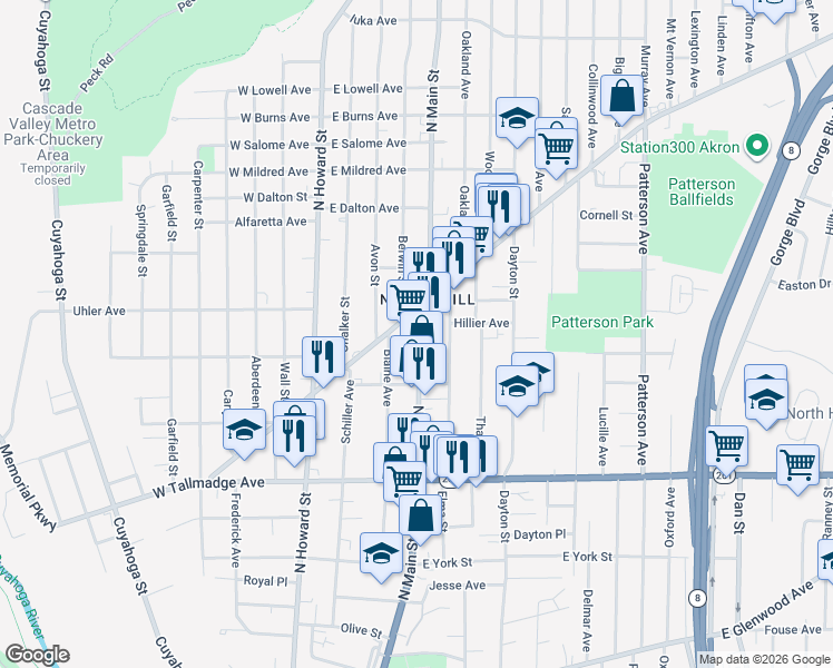 map of restaurants, bars, coffee shops, grocery stores, and more near in Akron