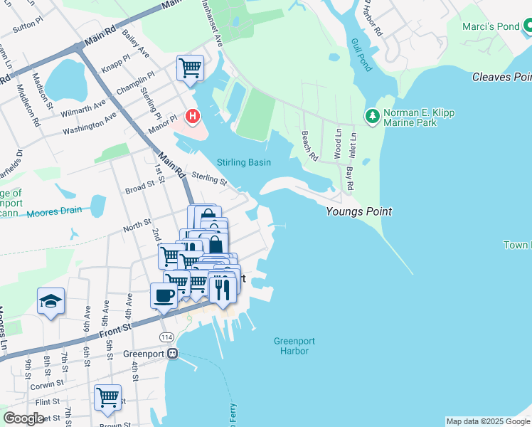 map of restaurants, bars, coffee shops, grocery stores, and more near 20E Stirling Cove in Greenport