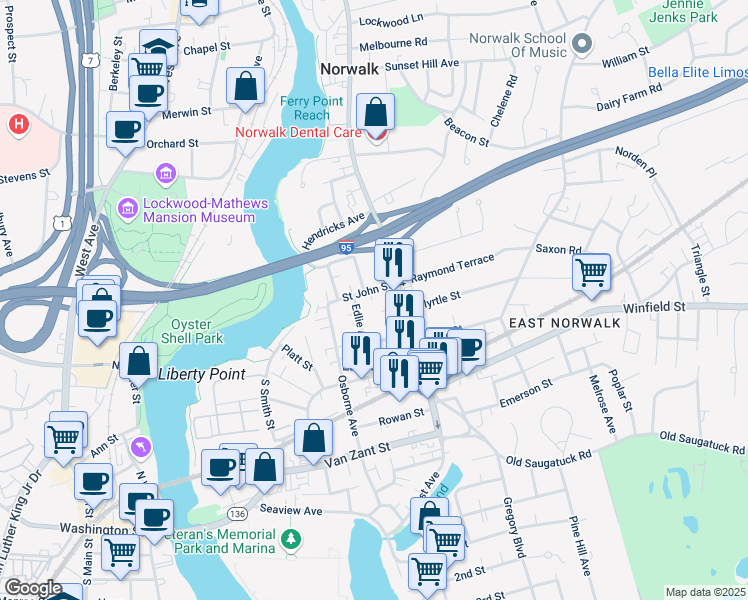 map of restaurants, bars, coffee shops, grocery stores, and more near 30 Edlie Avenue in Norwalk