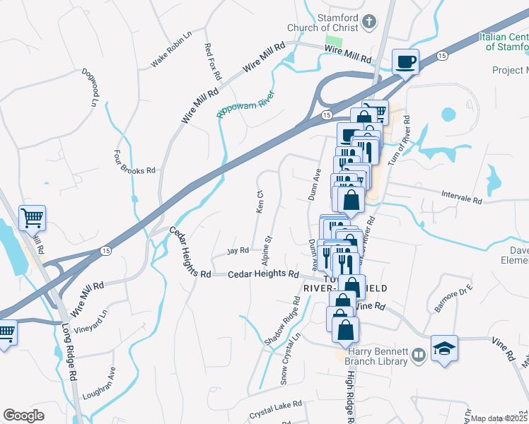 map of restaurants, bars, coffee shops, grocery stores, and more near 136 Alpine Street in Stamford