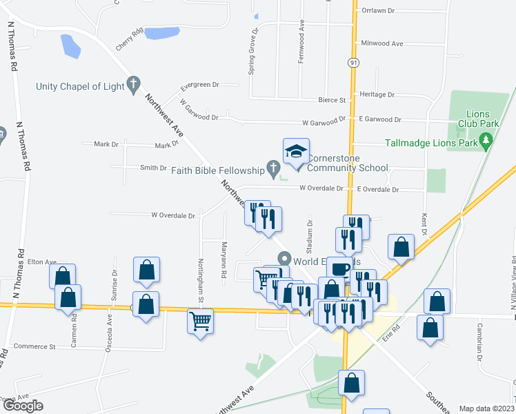 map of restaurants, bars, coffee shops, grocery stores, and more near 207 Northwest Avenue in Tallmadge