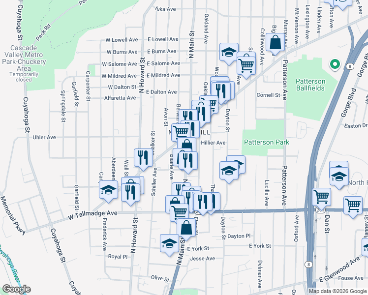 map of restaurants, bars, coffee shops, grocery stores, and more near in Akron