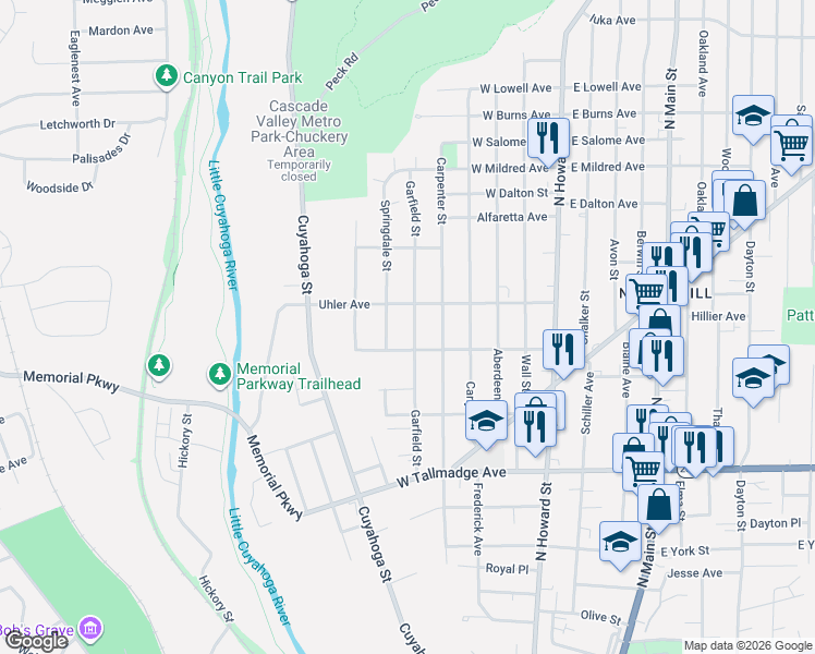 map of restaurants, bars, coffee shops, grocery stores, and more near 758 Garfield Street in Akron