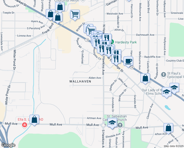 map of restaurants, bars, coffee shops, grocery stores, and more near 287 Alden Avenue in Akron