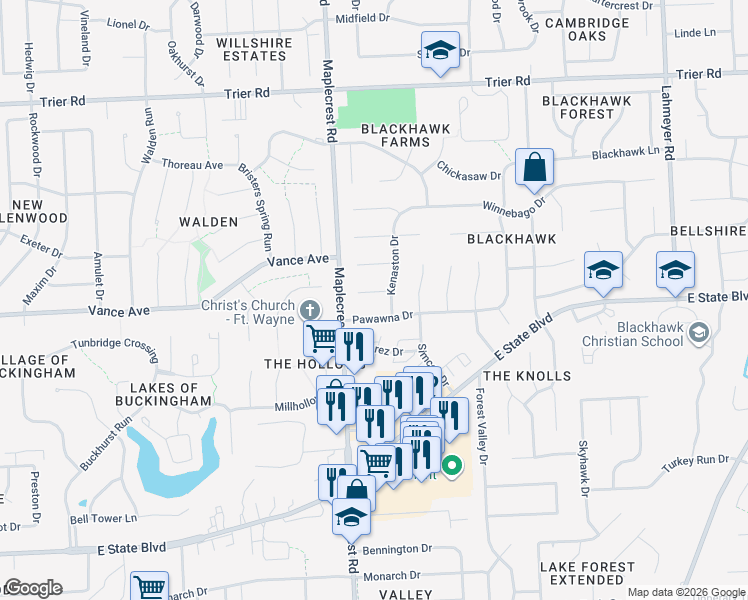 map of restaurants, bars, coffee shops, grocery stores, and more near 6415 Pawawna Drive in Fort Wayne