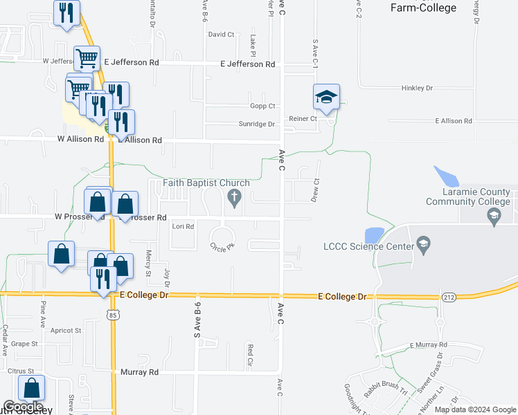 map of restaurants, bars, coffee shops, grocery stores, and more near 811 Drew Court in Cheyenne