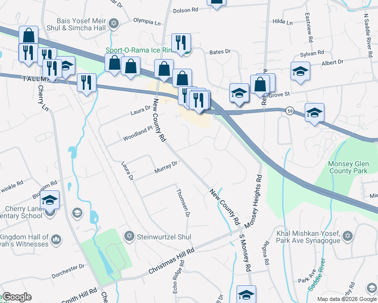 map of restaurants, bars, coffee shops, grocery stores, and more near 10 Plymouth Place in Airmont