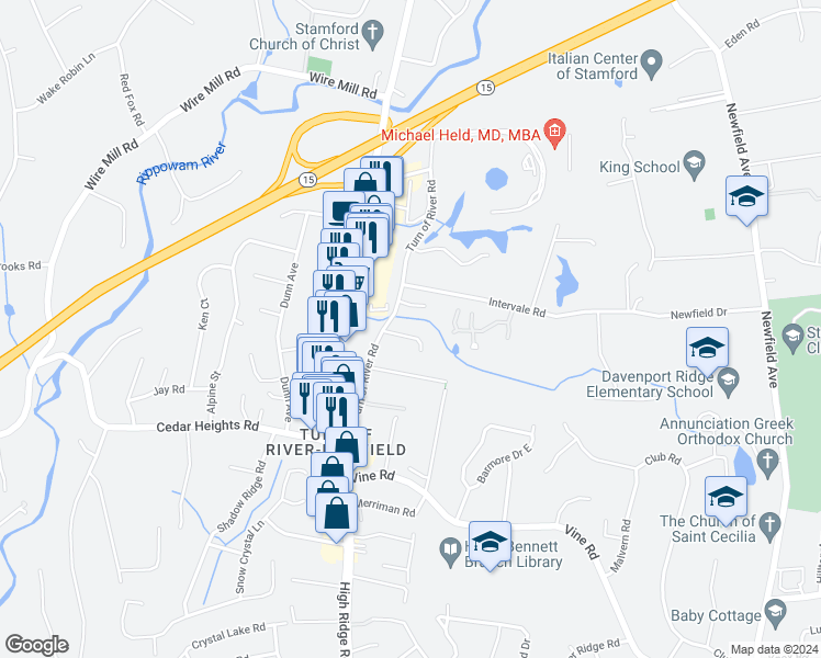 map of restaurants, bars, coffee shops, grocery stores, and more near 22 Talmadge Lane in Stamford