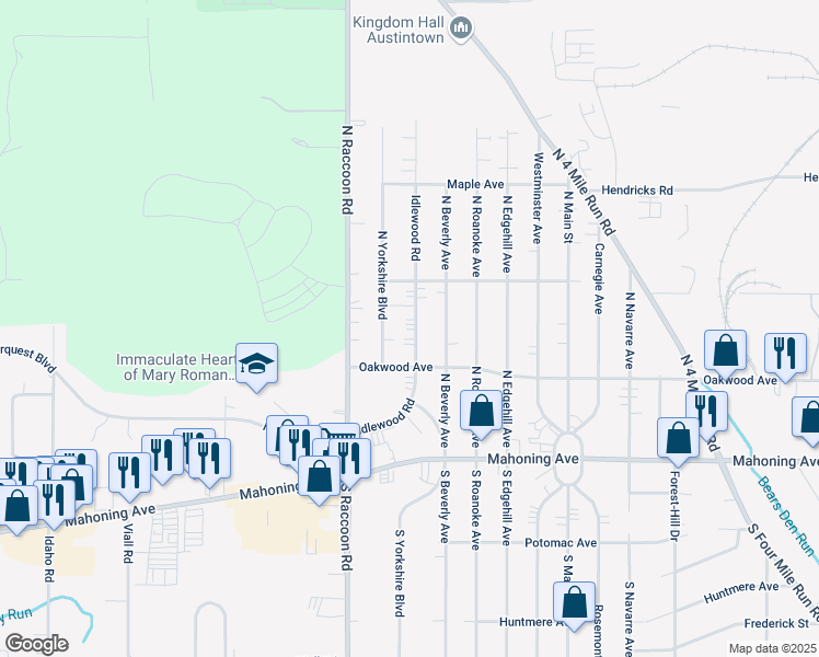 map of restaurants, bars, coffee shops, grocery stores, and more near 134 Idlewood Road in Youngstown