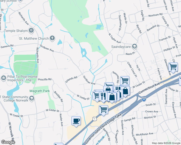 map of restaurants, bars, coffee shops, grocery stores, and more near 27 Ledgebrook Drive in Norwalk