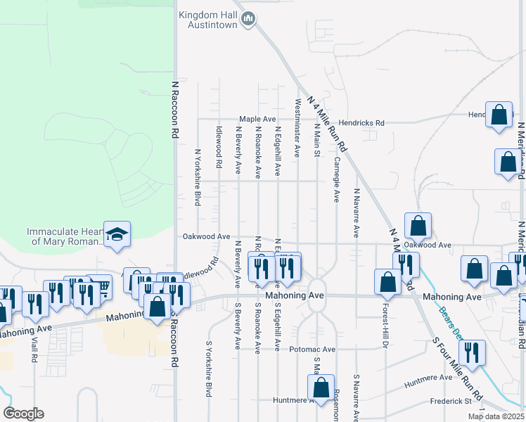 map of restaurants, bars, coffee shops, grocery stores, and more near 139 North Roanoke Avenue in Youngstown
