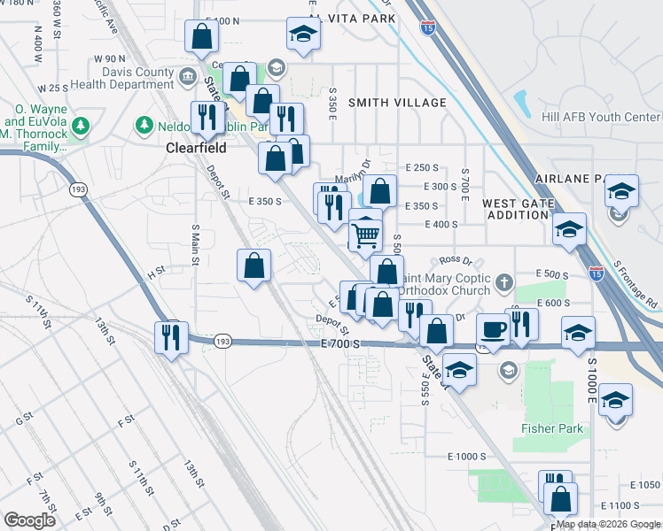 map of restaurants, bars, coffee shops, grocery stores, and more near 447 East Hilltop Drive South in Clearfield