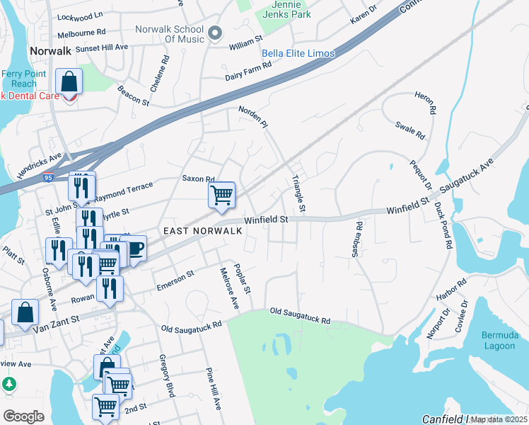 map of restaurants, bars, coffee shops, grocery stores, and more near 88 Winfield Street in Norwalk