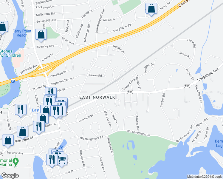 map of restaurants, bars, coffee shops, grocery stores, and more near 78 Winfield Street in Norwalk