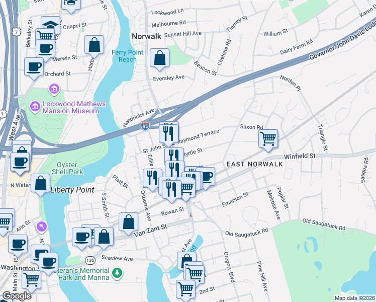 map of restaurants, bars, coffee shops, grocery stores, and more near 7 Myrtle Street in Norwalk