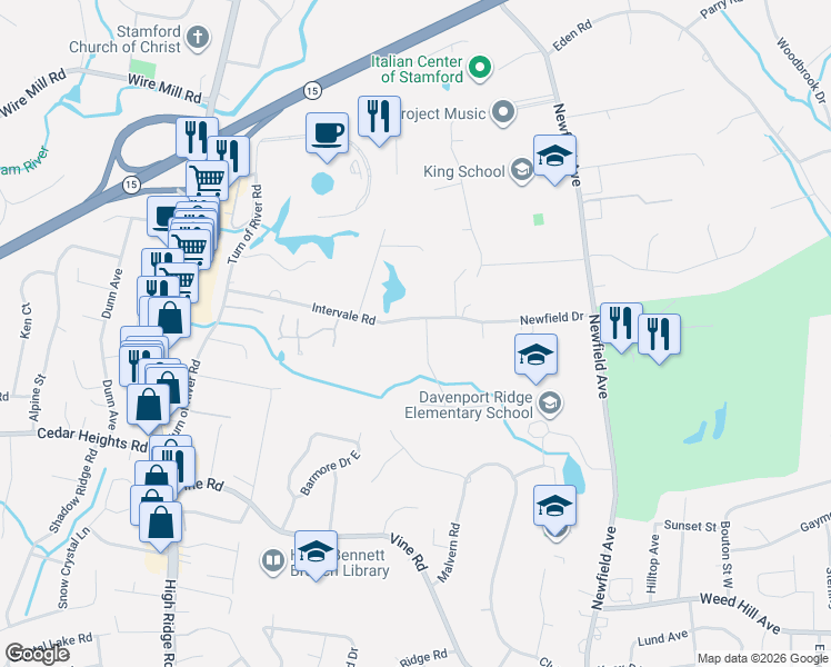 map of restaurants, bars, coffee shops, grocery stores, and more near 23 Joan Road in Stamford