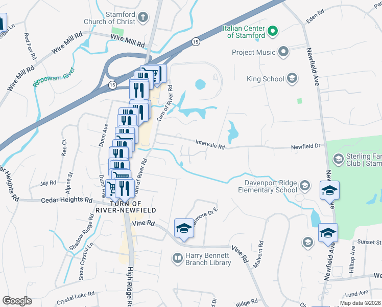 map of restaurants, bars, coffee shops, grocery stores, and more near 95 Intervale Rd in Stamford