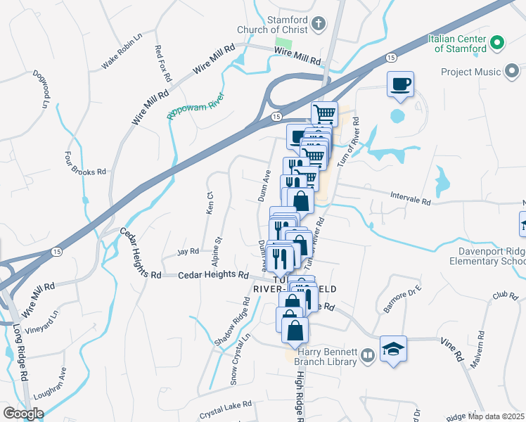map of restaurants, bars, coffee shops, grocery stores, and more near 20 Winter Street in Stamford